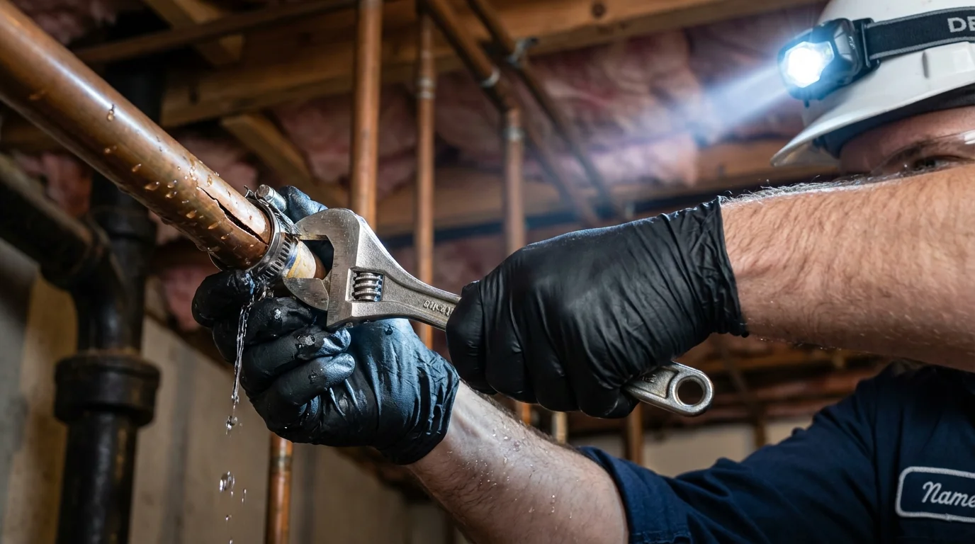 Emergency pipe clamp repair being performed by a Johns Plumbing LLC plumber in Mechanicsville