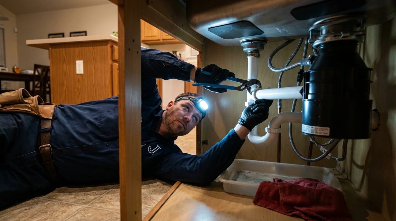 P-trap and supply line connections under a kitchen sink showing a common leak point in Mechanicsville, VA